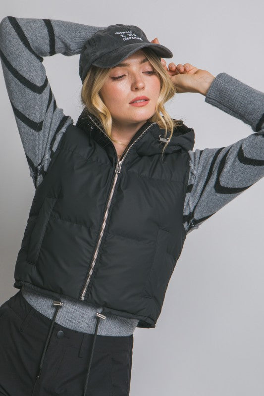 Cropped Puffer Vest with Hood & Adjustable Drawstrings