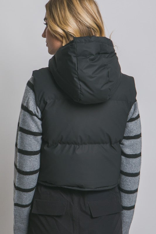 Cropped Puffer Vest with Hood & Adjustable Drawstrings