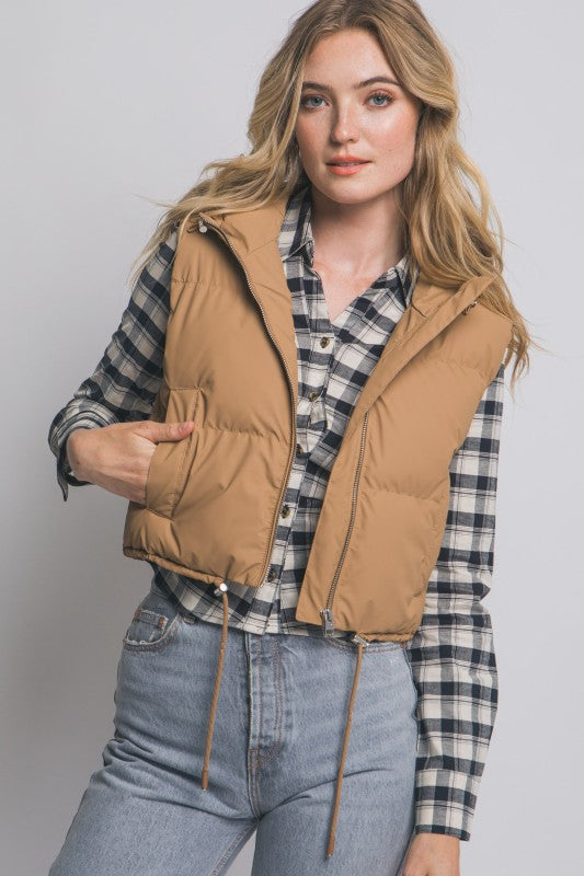 Cropped Puffer Vest with Hood & Adjustable Drawstrings