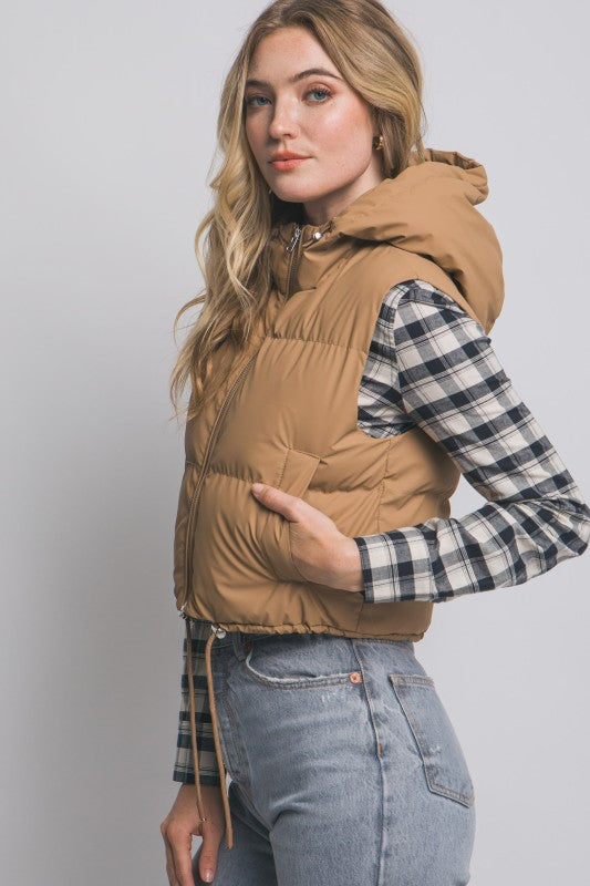 Cropped Puffer Vest with Hood & Adjustable Drawstrings