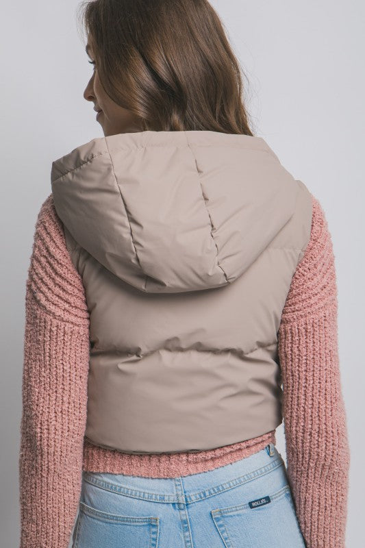 Cropped Puffer Vest with Hood & Adjustable Drawstrings