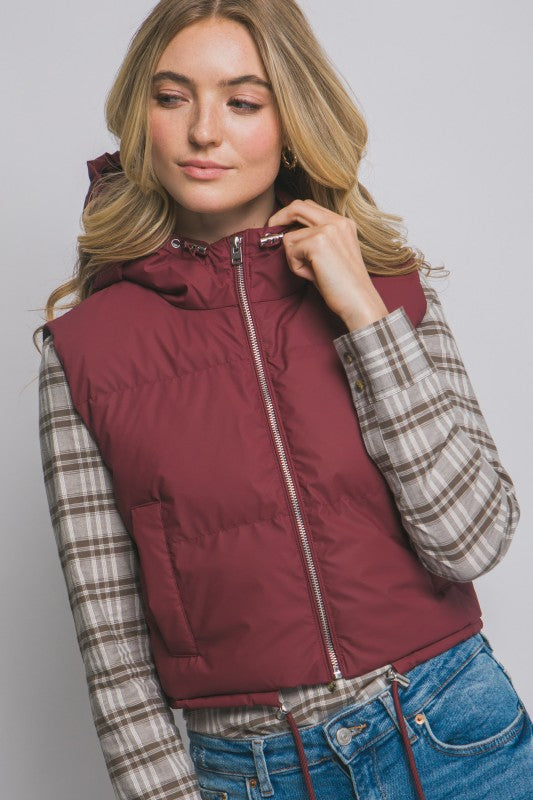 Cropped Puffer Vest with Hood & Adjustable Drawstrings
