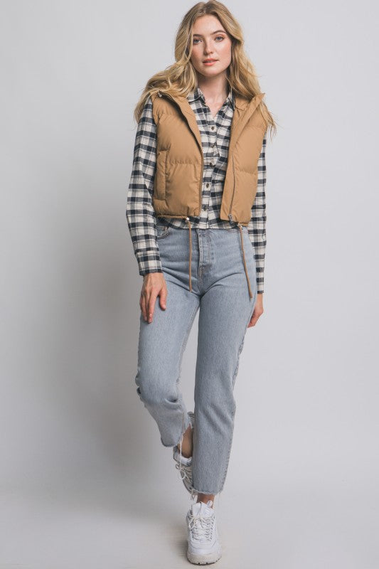 Cropped Puffer Vest with Hood & Adjustable Drawstrings