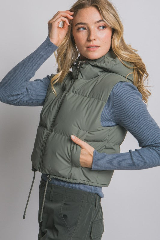 Cropped Puffer Vest with Hood & Adjustable Drawstrings