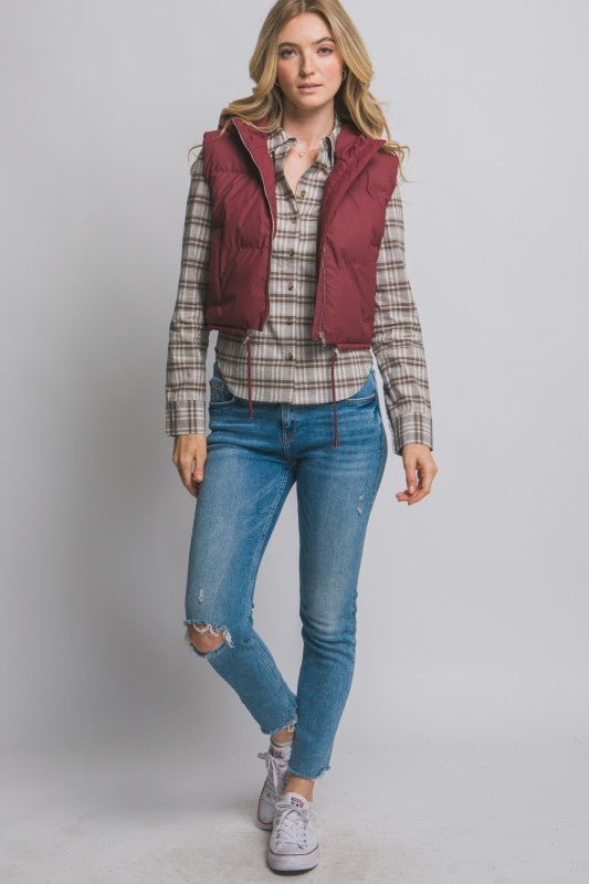 Cropped Puffer Vest with Hood & Adjustable Drawstrings