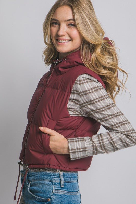 Cropped Puffer Vest with Hood & Adjustable Drawstrings