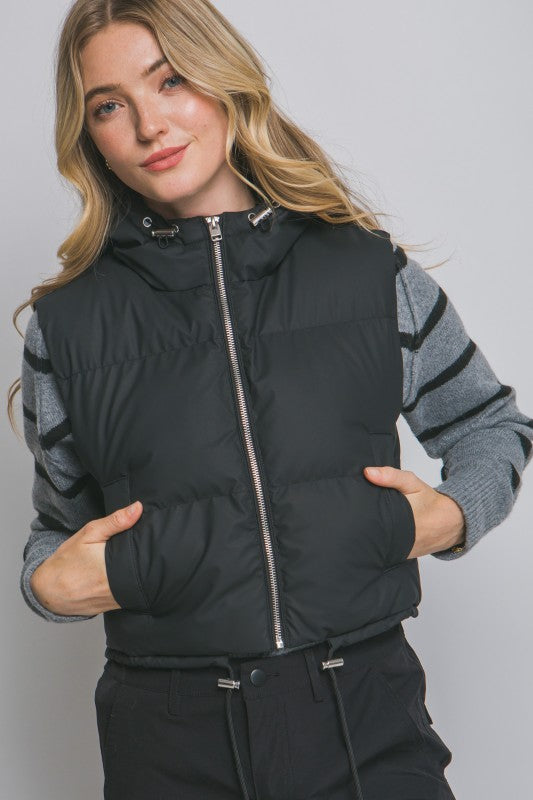 Cropped Puffer Vest with Hood & Adjustable Drawstrings