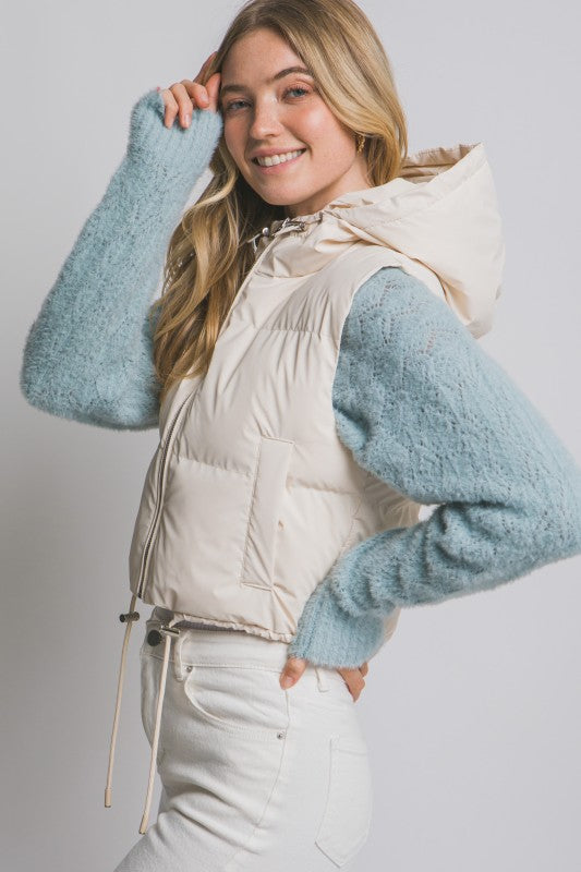Cropped Puffer Vest with Hood & Adjustable Drawstrings