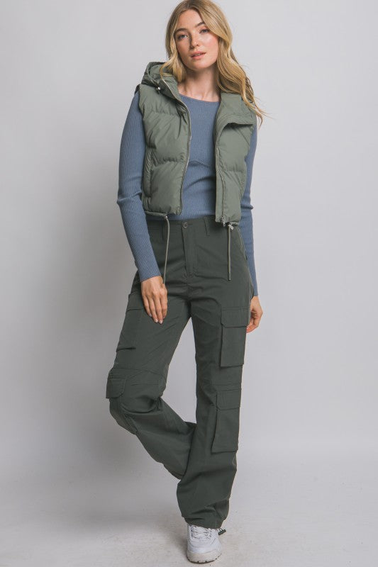 Cropped Puffer Vest with Hood & Adjustable Drawstrings