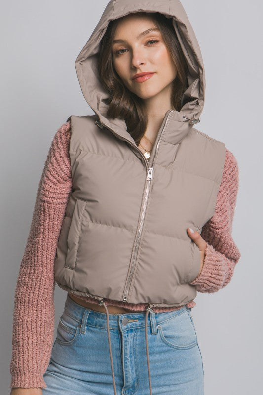 Cropped Puffer Vest with Hood & Adjustable Drawstrings