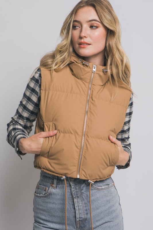 Cropped Puffer Vest with Hood & Adjustable Drawstrings