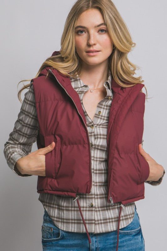 Cropped Puffer Vest with Hood & Adjustable Drawstrings