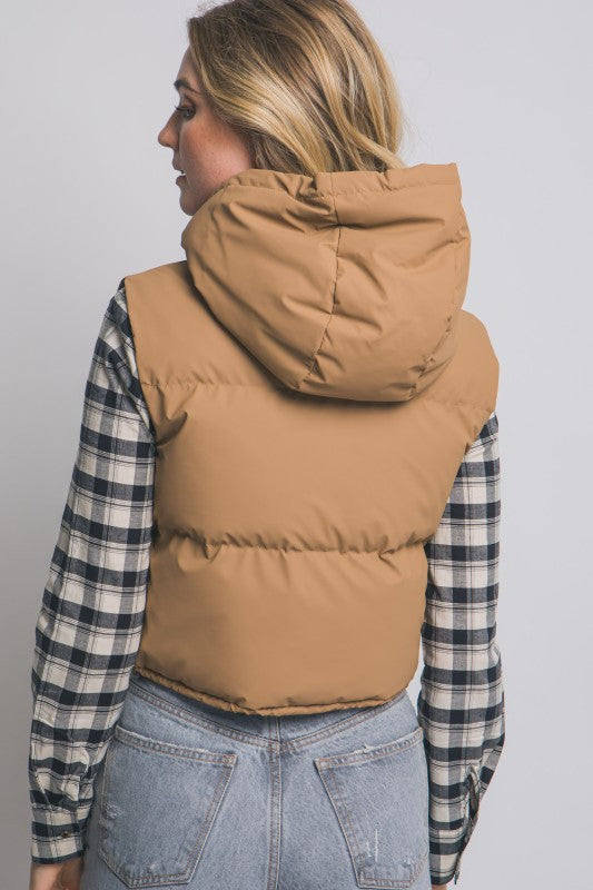 Cropped Puffer Vest with Hood & Adjustable Drawstrings