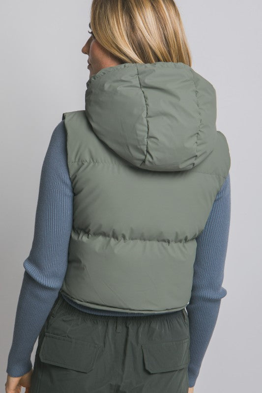 Cropped Puffer Vest with Hood & Adjustable Drawstrings