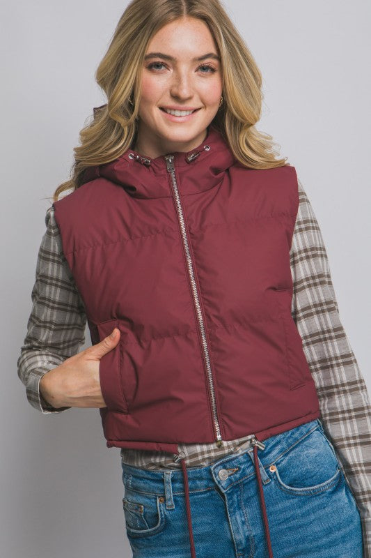 Cropped Puffer Vest with Hood & Adjustable Drawstrings