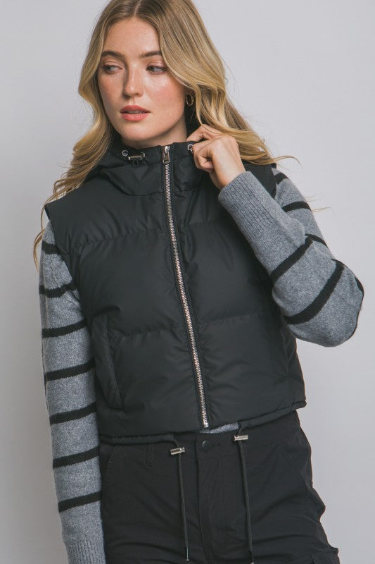 Cropped Puffer Vest with Hood & Adjustable Drawstrings