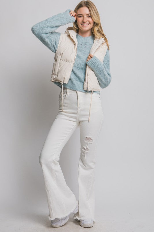 Cropped Puffer Vest with Hood & Adjustable Drawstrings