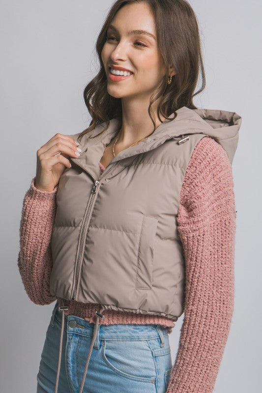 Cropped Puffer Vest with Hood & Adjustable Drawstrings