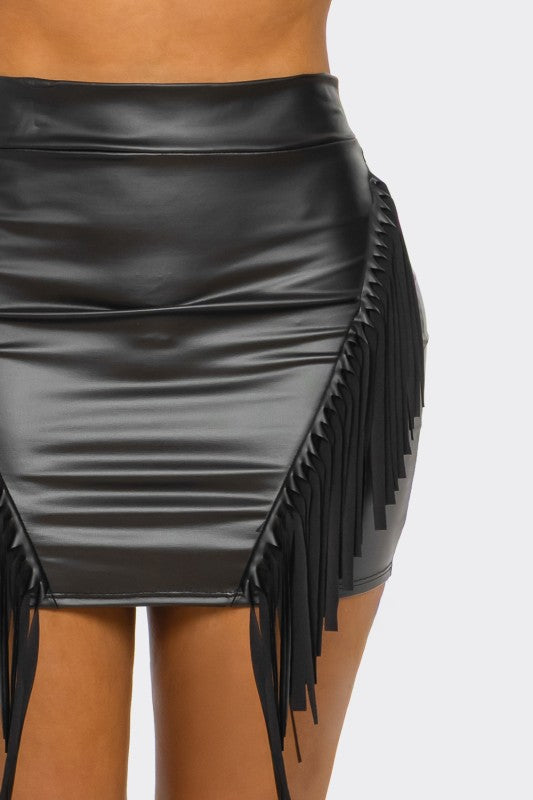 Fringe Faux Leather Mini Skirt – High Waisted