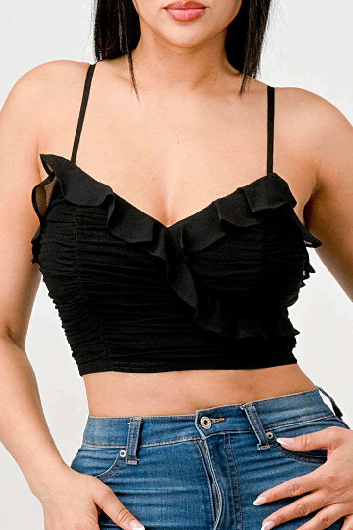 MESH CONTRAST RUCHED SWEETHEART WITH CHIFFON CAMISOLE RUFFLED CROPPED TOP