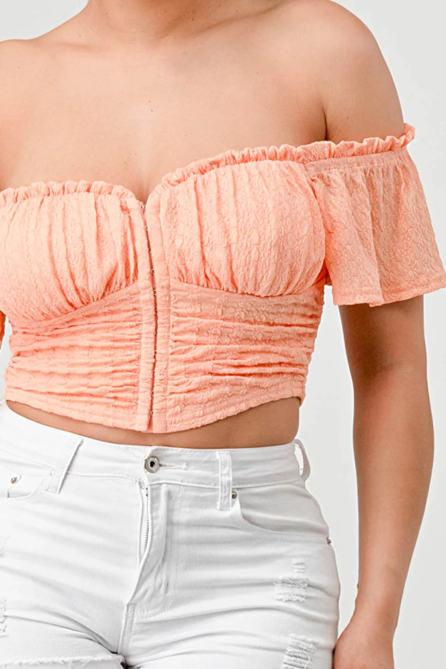 PATTERN KNIT HOOKED RUCHED OFF SHOULDER CROP TOP