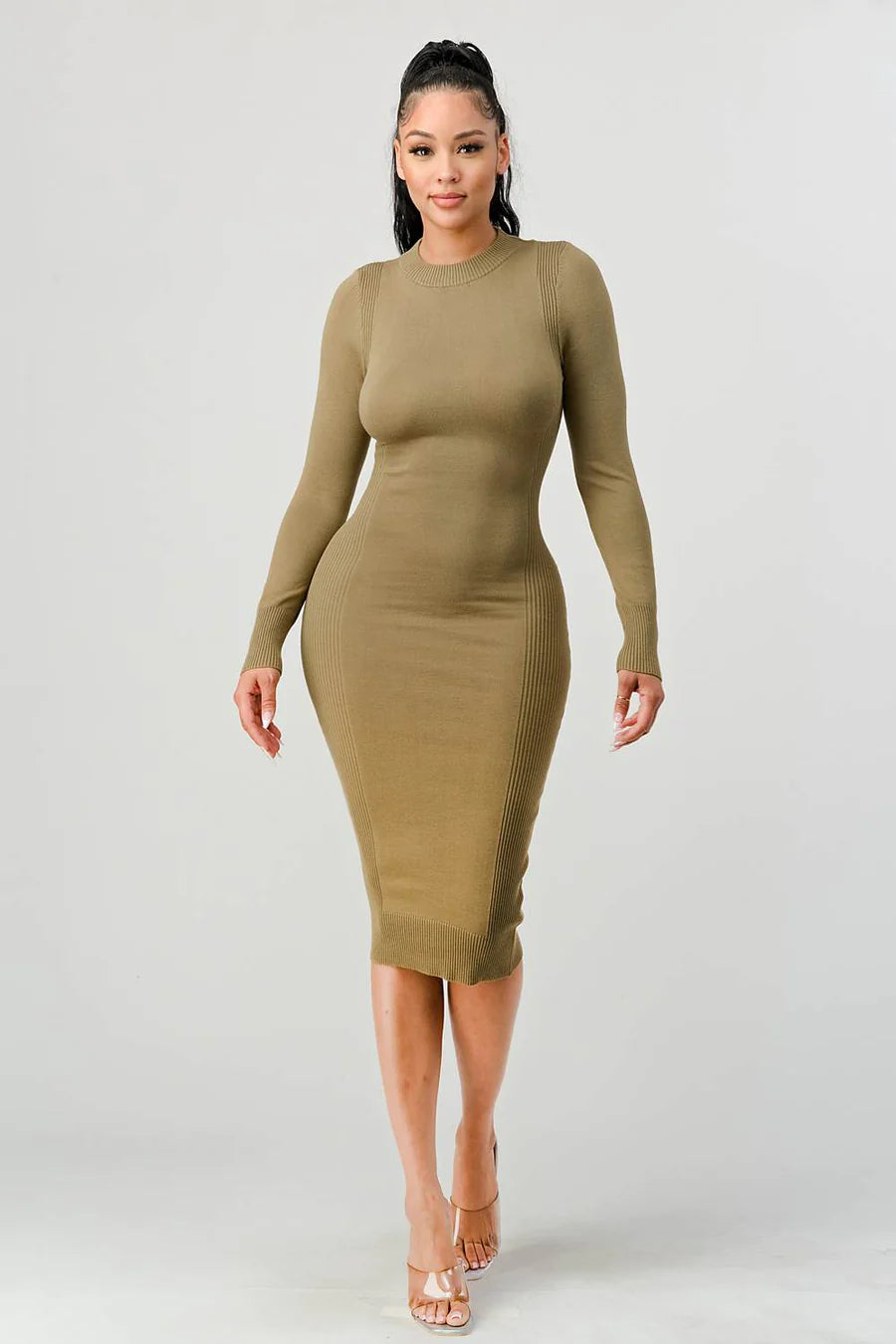 RIB SWEATER KNIT BACK WAIST TIE LONG SLEEVES BODYCON MIDI DRESS