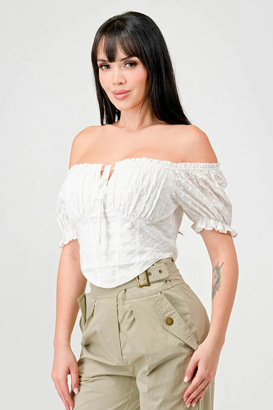 EYELET WOVEN RUFFLED OFF SHOULDER RUCHED SWEETHEART CROPPED TOP