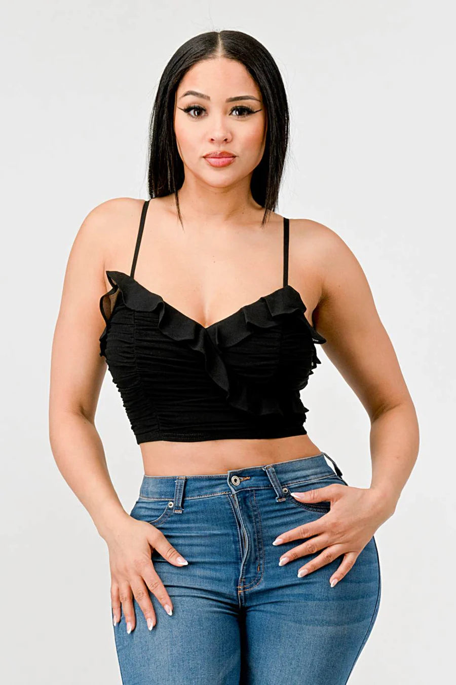 MESH CONTRAST RUCHED SWEETHEART WITH CHIFFON CAMISOLE RUFFLED CROPPED TOP