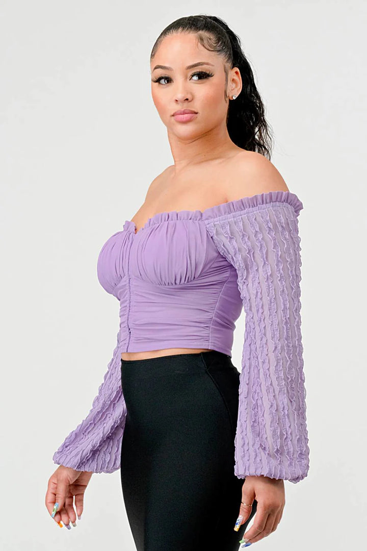 MESH RUFFLED OFF SHOULDER LACE SLEEVES HOOKED RUCHED SWEETHEART TOP