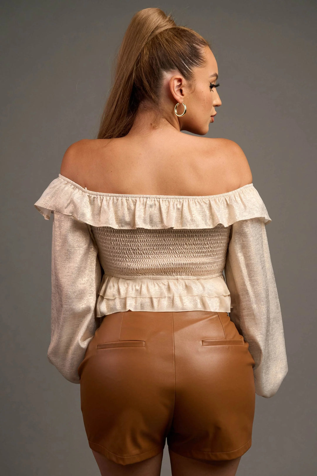 Metallic Off-Shoulder Ruffled Crop Top