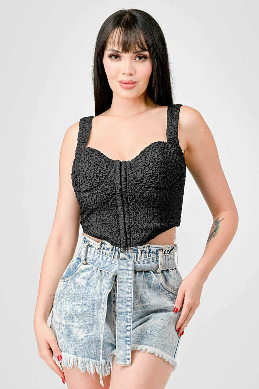 CRINKLE STRETCH KNIT SWEETHEART HOOKED BUSTIER CROPPED TOP