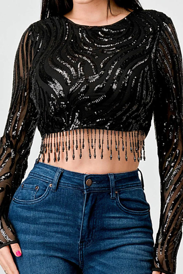 LUXE WAVE SEQUINS LONG SLEEVES STONE FRINGE DETAIL CROPPED TOP