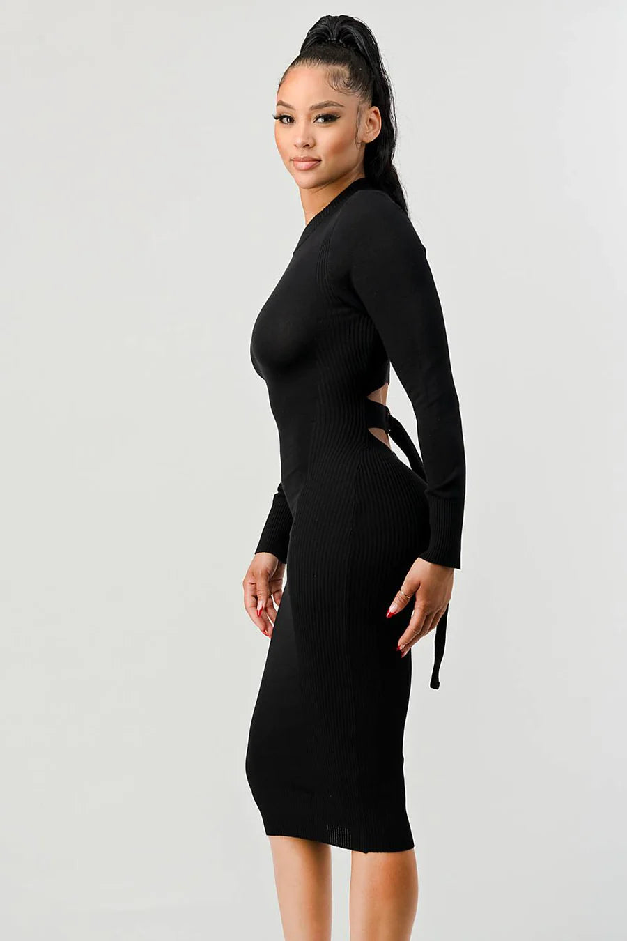 RIB SWEATER KNIT BACK WAIST TIE LONG SLEEVES BODYCON MIDI DRESS