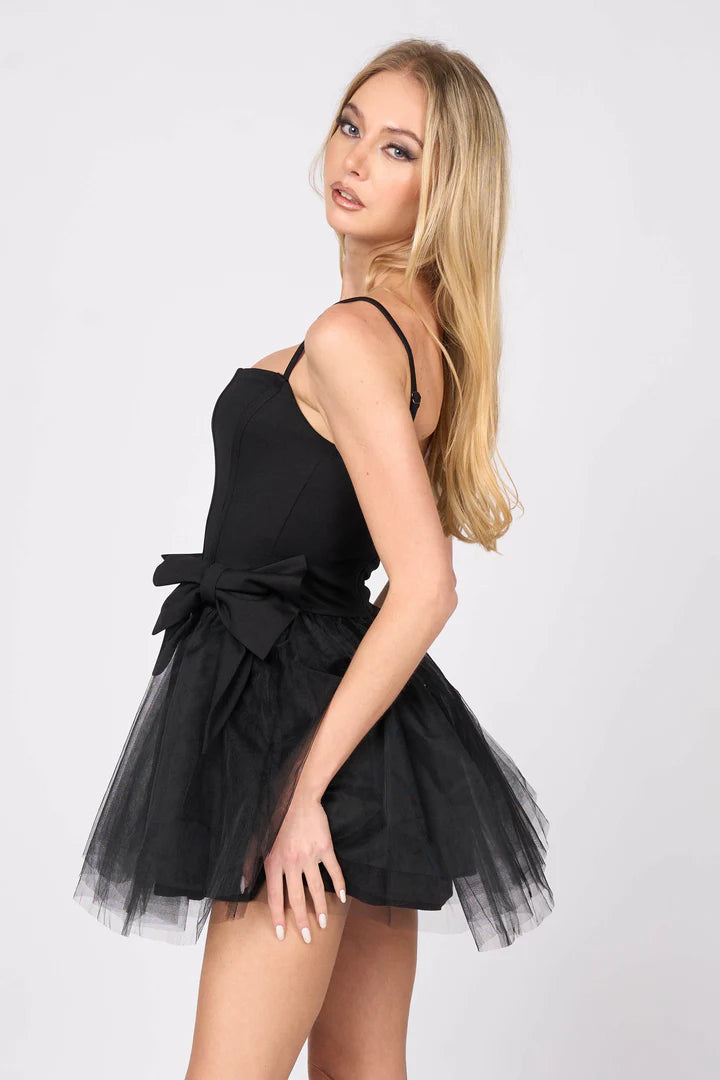 ROMANTIC BOWS DETAIL PLEATED TULLE MINI DRESS