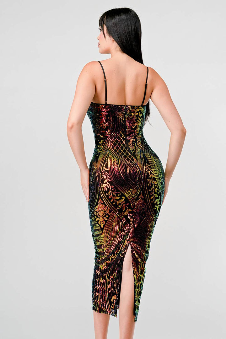 ENCHANTING PATTERN SEQUINS EMBELLISHED BACK SLIT MIDI DRESS