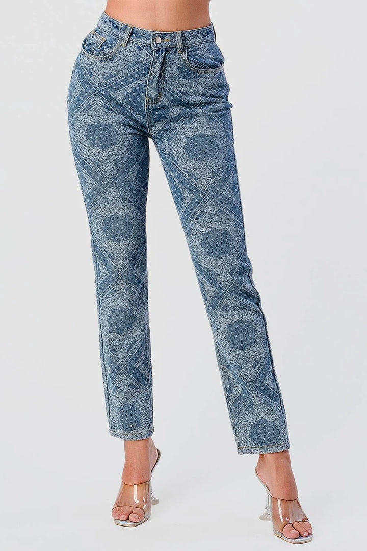 PRINT WASH HIGH WAISTED STRAIGHT LEG JEANS