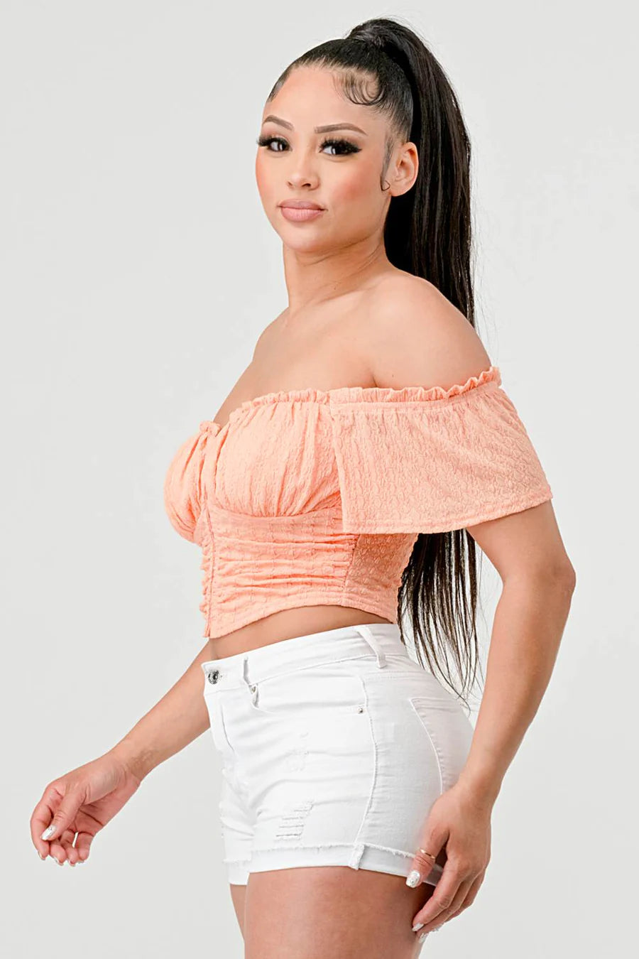 PATTERN KNIT HOOKED RUCHED OFF SHOULDER CROP TOP