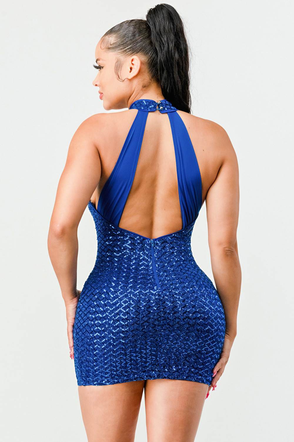 LUX SEQUINS HALTER OPEN BACK SLEEVELESS BODYCON MINI DRESS