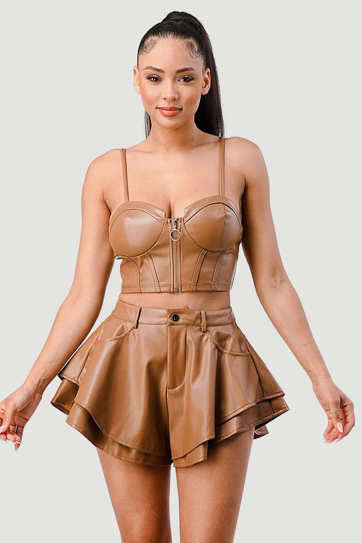 FAUX LEATHER CORSET TOP AND FLARED SHORTS SET