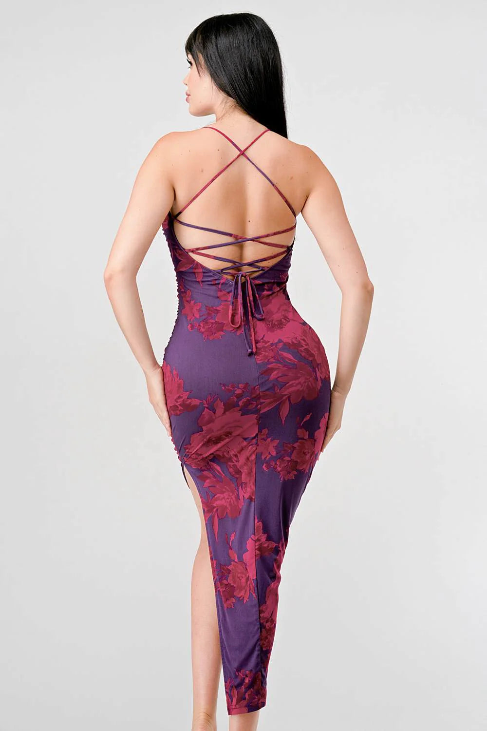 FLORAL PRINT MESH SIDE SLIT DRAWSTRING BACK SLITTED BODYCON MIDI DRESS