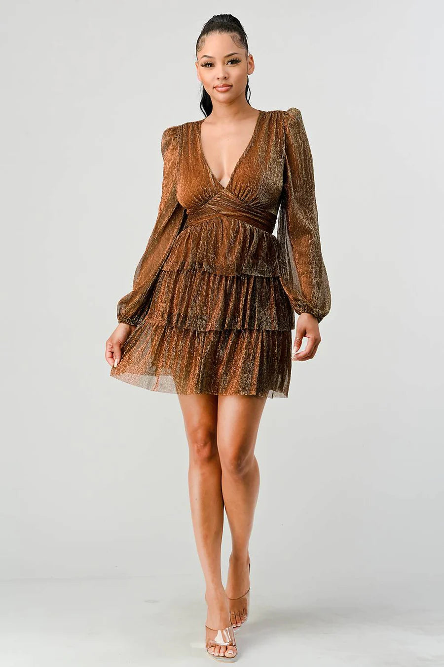 LUX FANTASY GLITTER DEEP V-NECK TIERED PEASANT SLEEVES FIT AND FLARE RUFFLED MINI DRESS