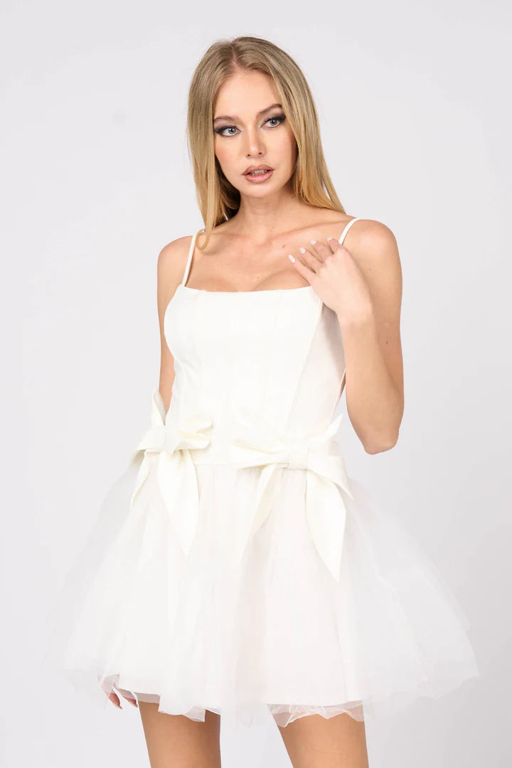 ROMANTIC BOWS DETAIL PLEATED TULLE MINI DRESS