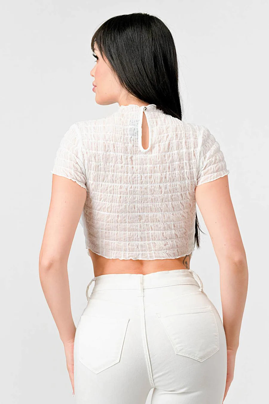 TEXTURED RUFFLED HEM KEYHOLE BACK ASYMMETRICAL CROPPED TOP