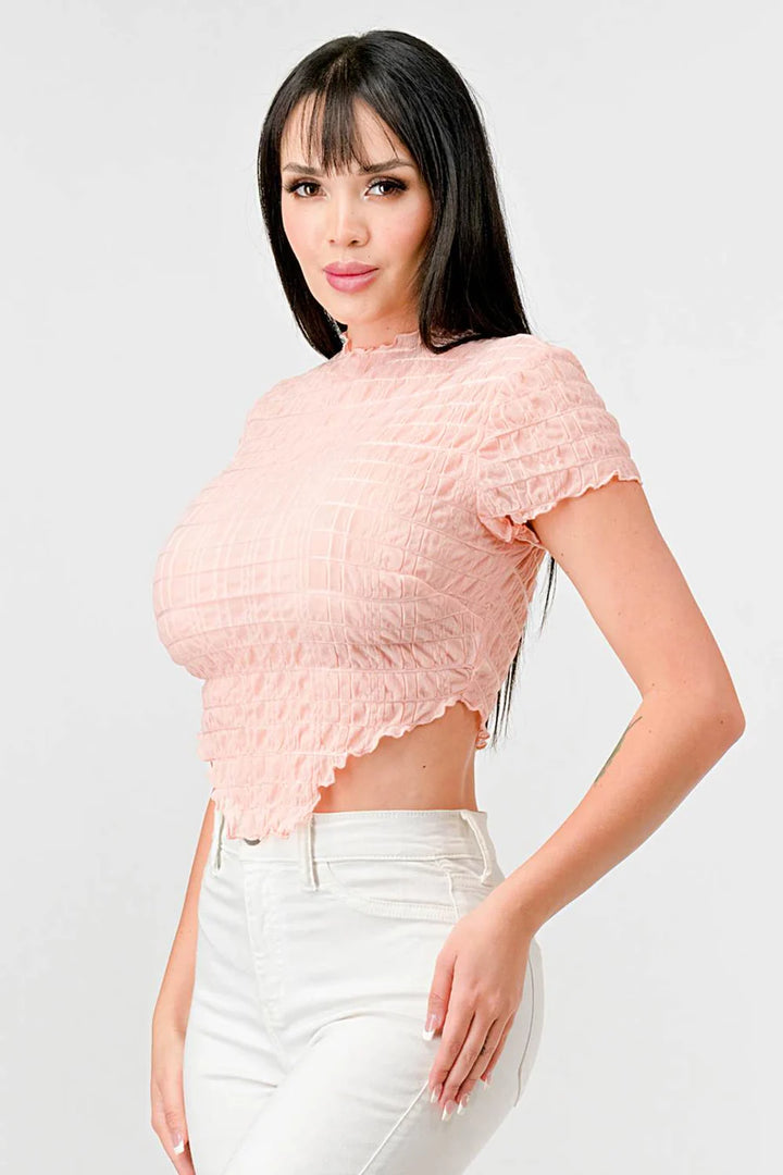 TEXTURED RUFFLED HEM KEYHOLE BACK ASYMMETRICAL CROPPED TOP