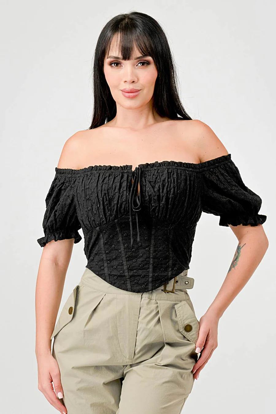 EYELET WOVEN RUFFLED OFF SHOULDER RUCHED SWEETHEART CROPPED TOP