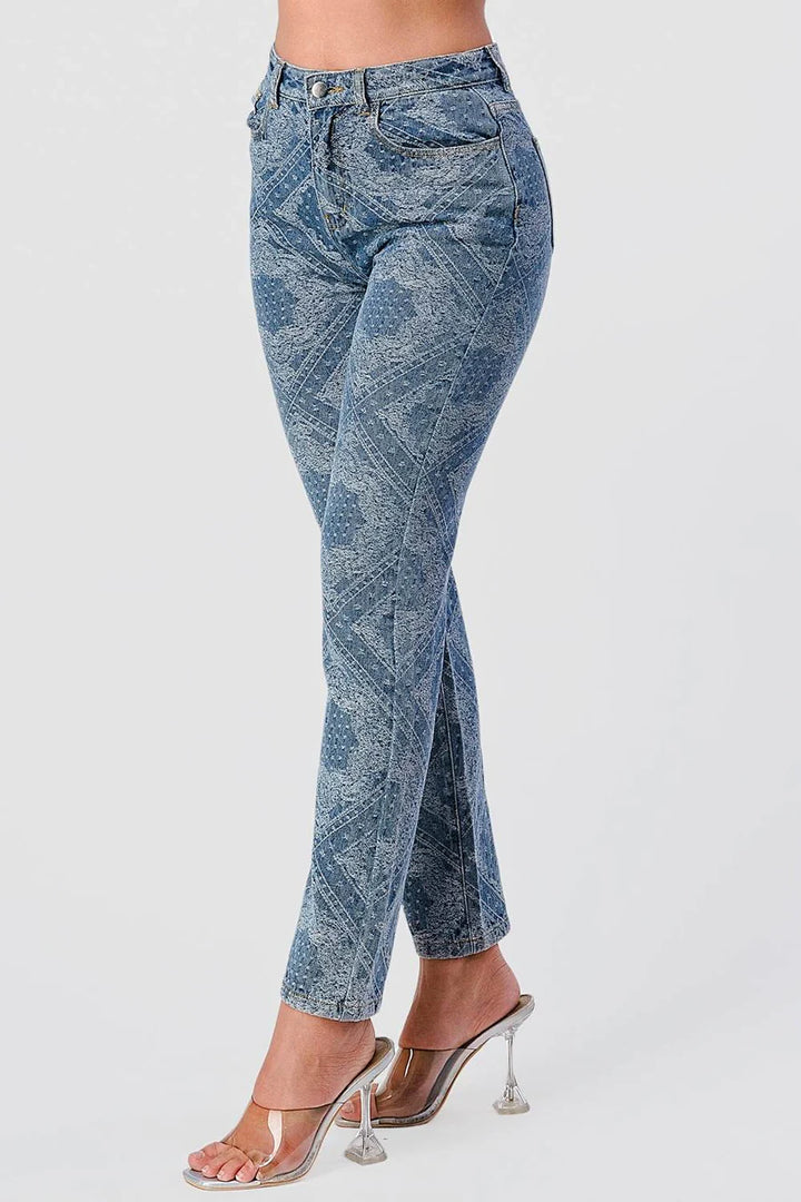 PRINT WASH HIGH WAISTED STRAIGHT LEG JEANS