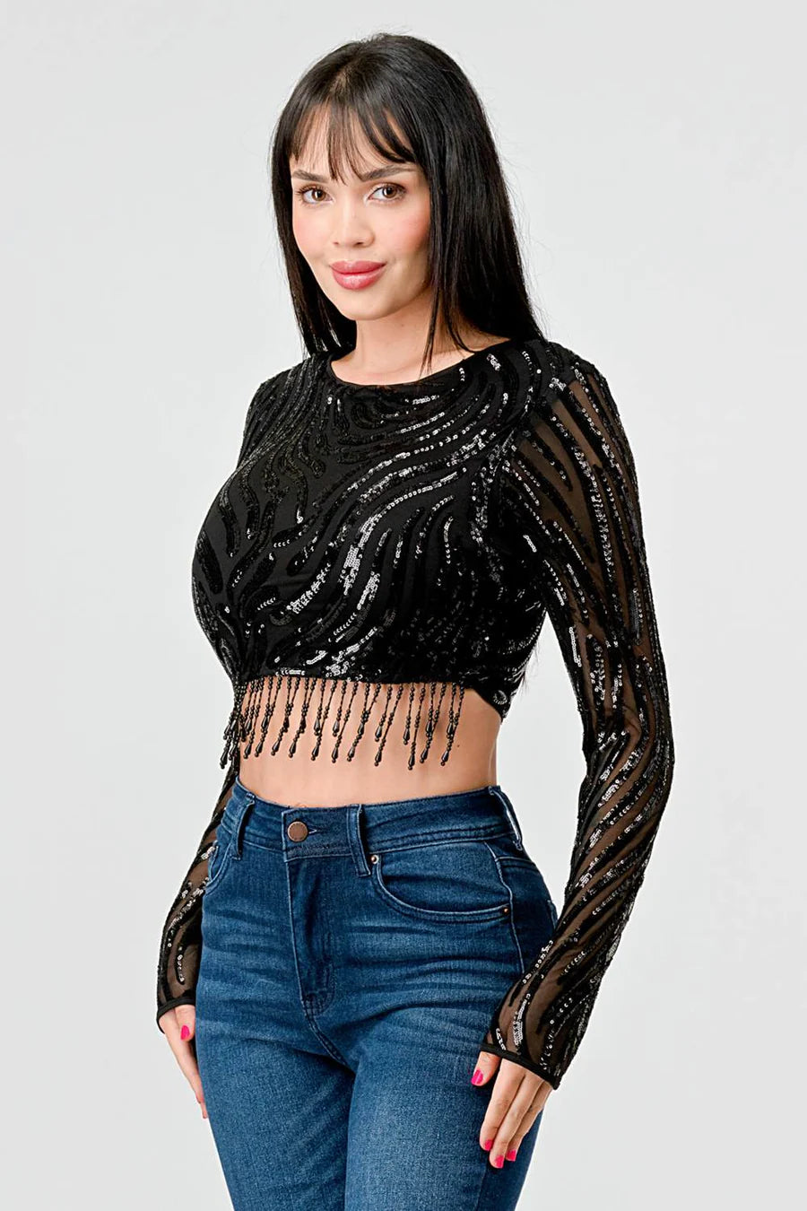 LUXE WAVE SEQUINS LONG SLEEVES STONE FRINGE DETAIL CROPPED TOP
