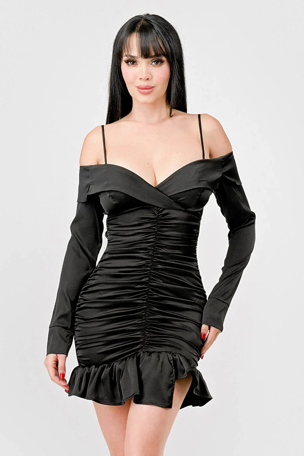 Off Shoulder Ruched Satin Mini Dress