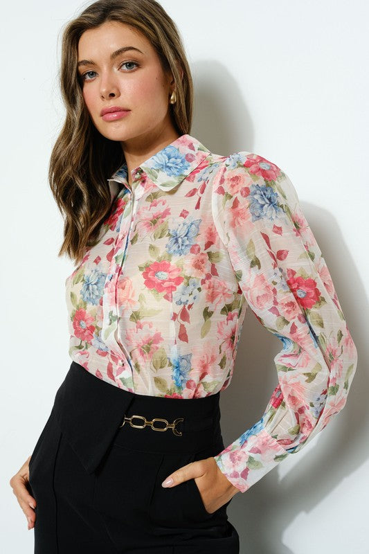 Long Puff Sleeve Floral Print Blouse Top