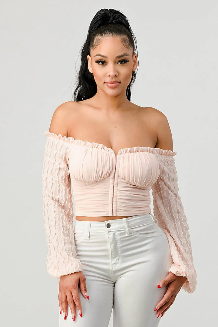 MESH RUFFLED OFF SHOULDER LACE SLEEVES HOOKED RUCHED SWEETHEART TOP